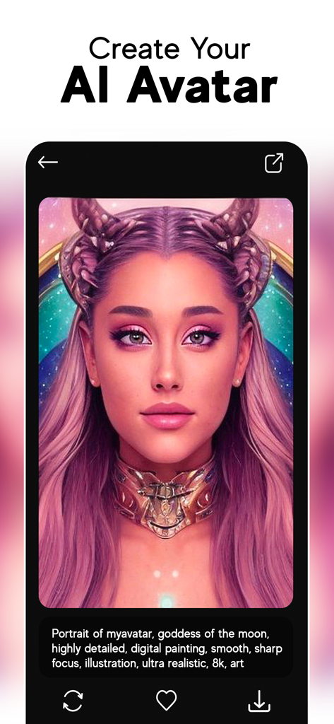Dreams AI Art Generator - AI generated moon goddess avatar in the Dreams AI app interface