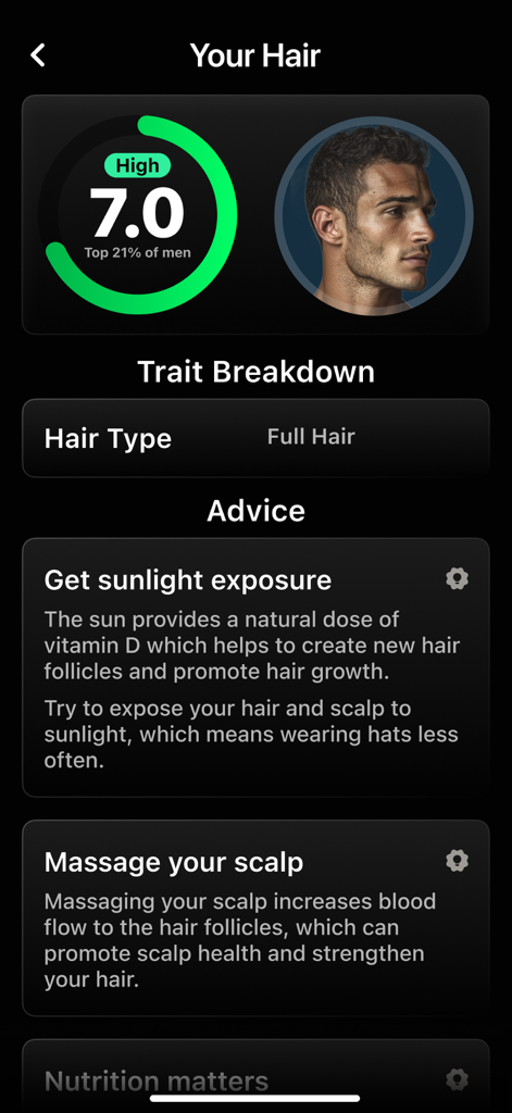 Interface of the LooksMax AI app showing a hair rating score of 7.0 and personalized grooming advice for hair growth and scalp health