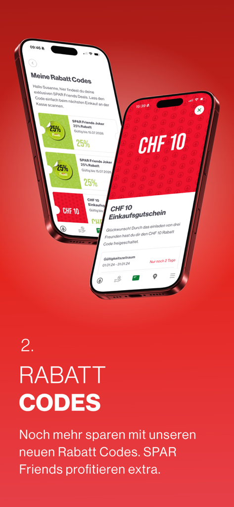 SPAR Schweiz - Smartphone screens showing digital discount codes and shopping vouchers in the SPAR Schweiz app.