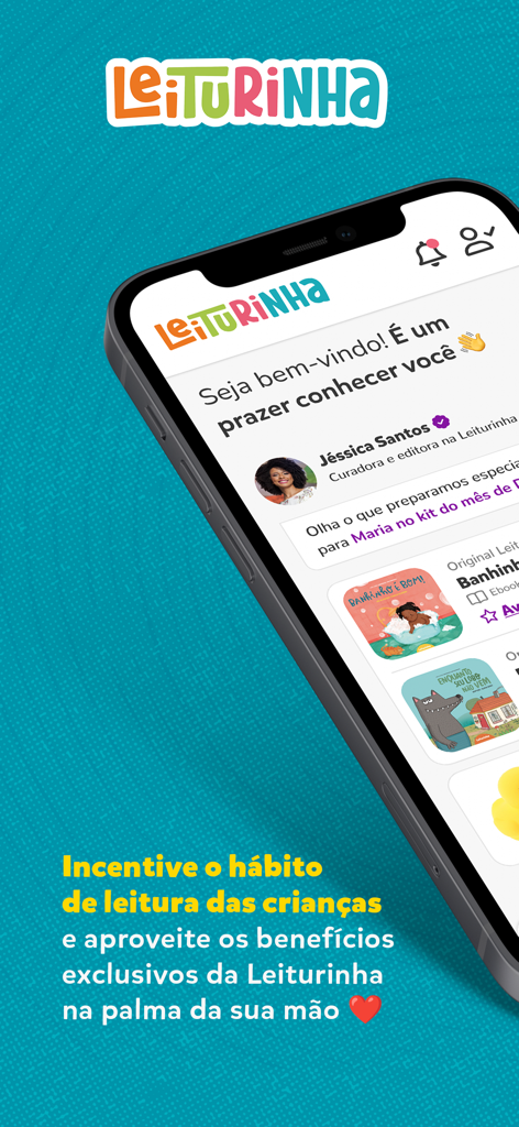 A smartphone displaying the home screen of the Leiturinha children's book club app with book recommendations and curator tips.