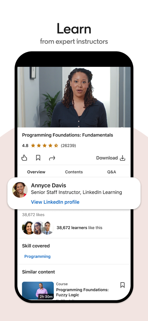 LinkedIn Learning - Pantalla móvil de LinkedIn Learning que muestra un curso de programación con detalles del instructor