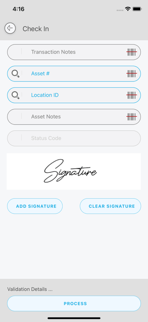 BarCloud mobile app check-in screen featuring fields for asset ID, location, and signature capture.