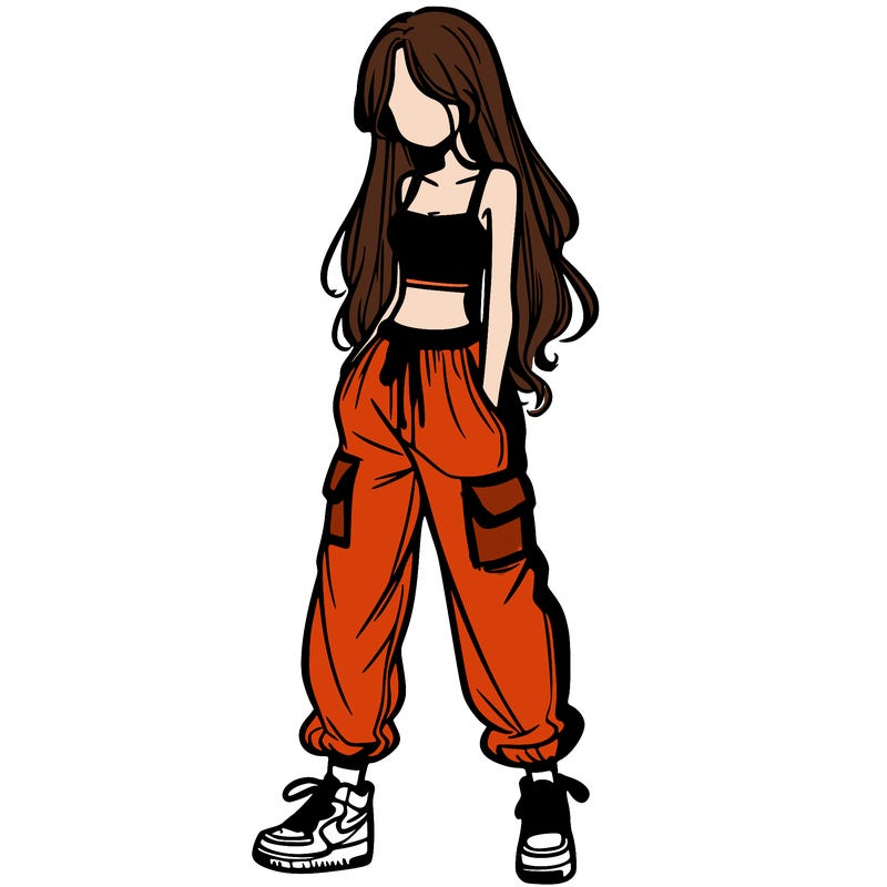 girl in baggy pants crop top and long hair