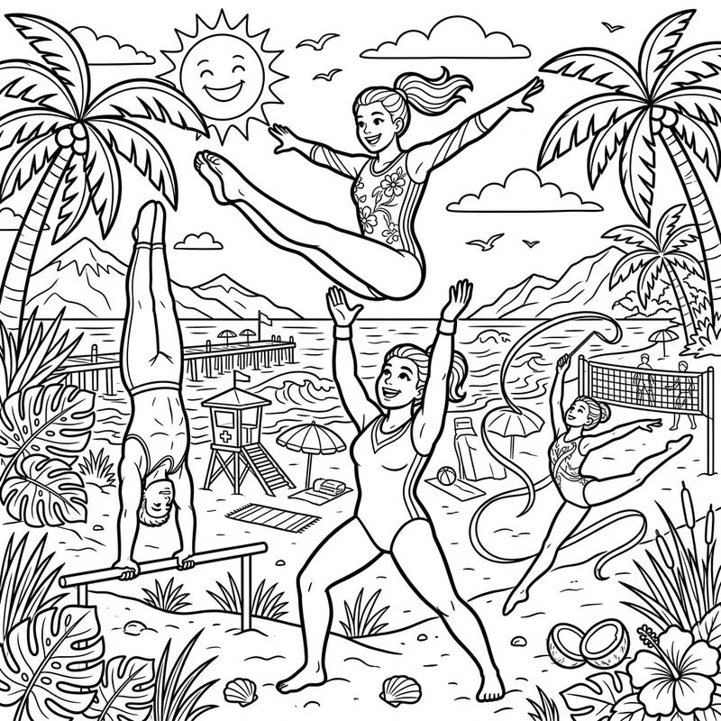 Celebrate the athleticism and joy of acrobatic gymnastics with this dynamic coloring page set on a vibrant summer beach. It's the perfect way to unleash your creativity while enjoying a sunny, active scene.