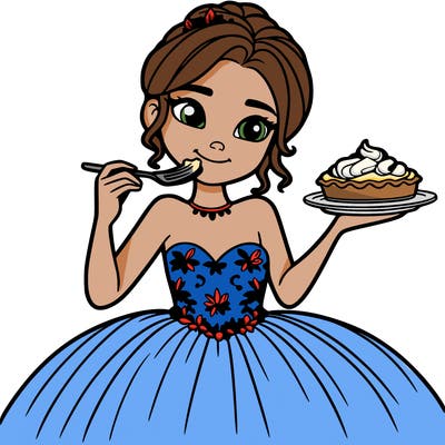 teenage girl in a ball dress eating pie