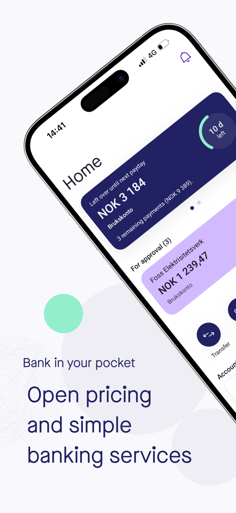 Sbanken mobile banking app home screen on an iPhone showing account balance and pending bills for approval.