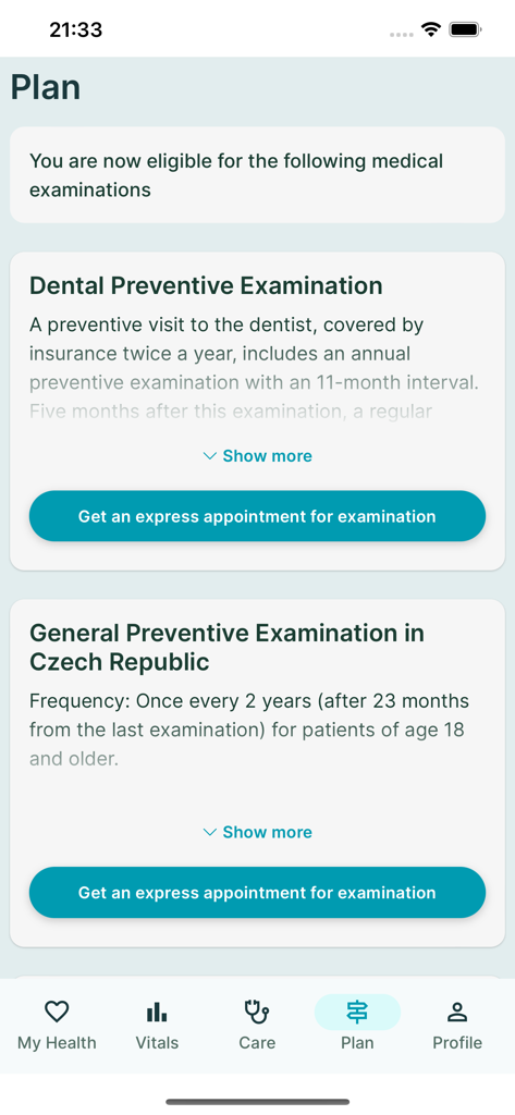 Dr. Digital - Dr. Digital app showing preventive care examinations and express appointment booking options