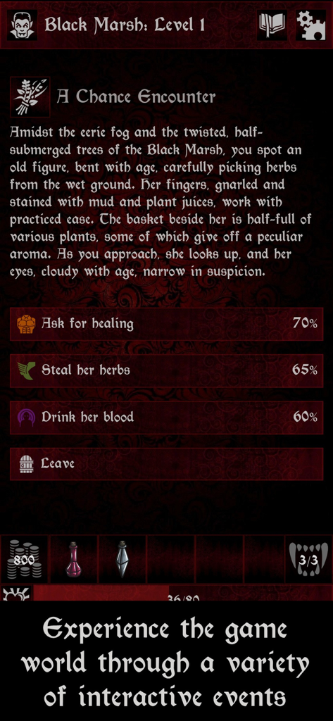 Grim Omens - Old School RPG - Um evento narrativo baseado em escolhas no Grim Omens RPG mostrando várias opções interativas com probabilidades de sucesso