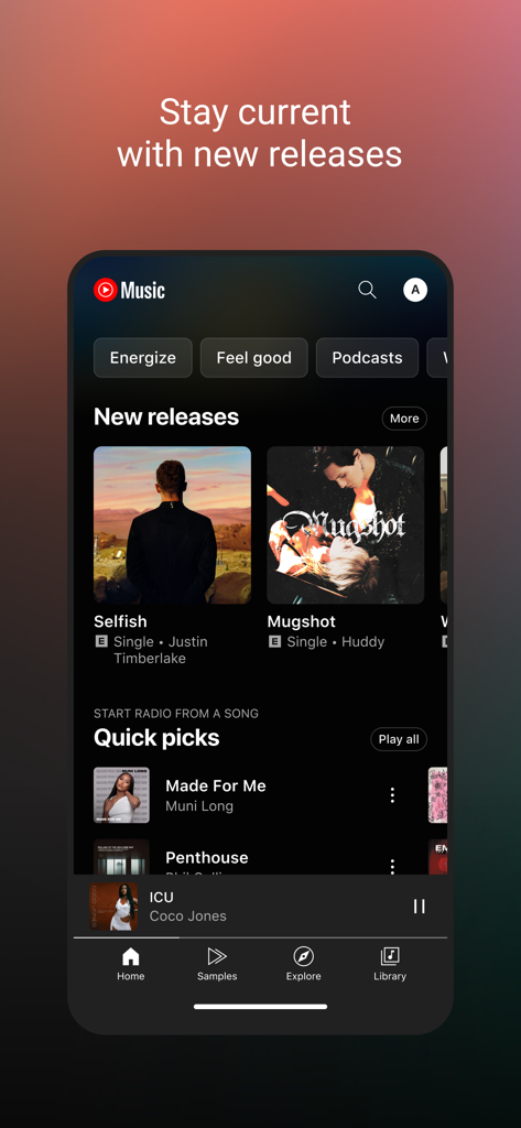 YouTube Music mobile app home screen showing new releases and quick picks