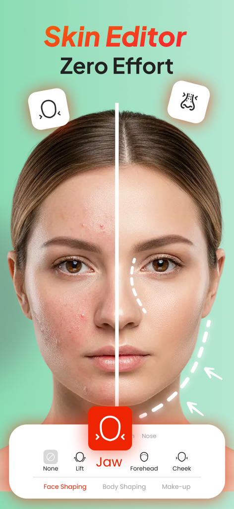 BodyUp: Body Shape Editor - Split screen comparison showing skin smoothing and jawline contouring results in the BodyUp app