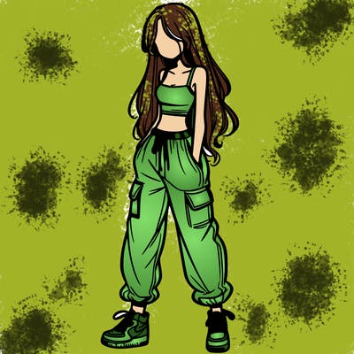 girl in baggy pants crop top and long hair