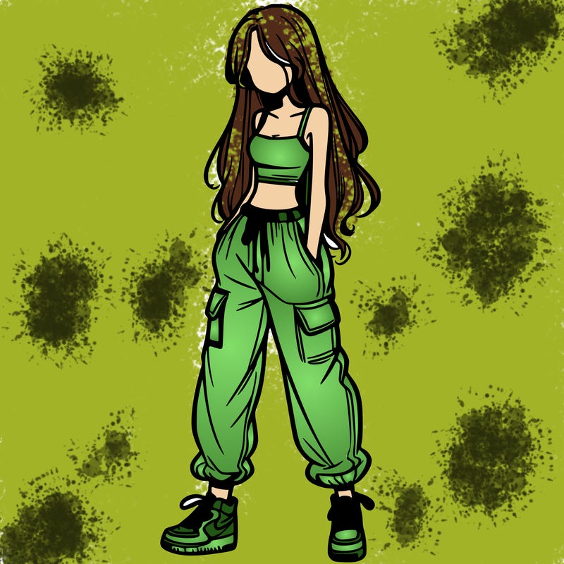 girl in baggy pants crop top and long hair