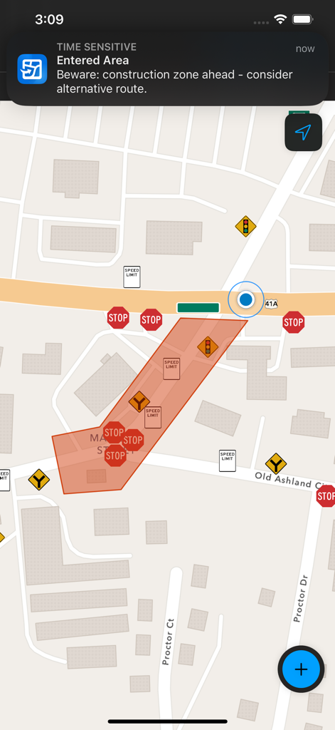 ArcGIS Field Maps - ArcGIS Field Maps interface showing a geofence notification for an entered construction zone on a map.