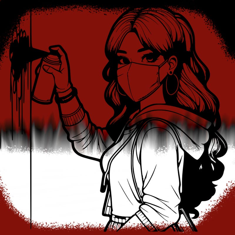 realistic girl with mask spray painting a wall