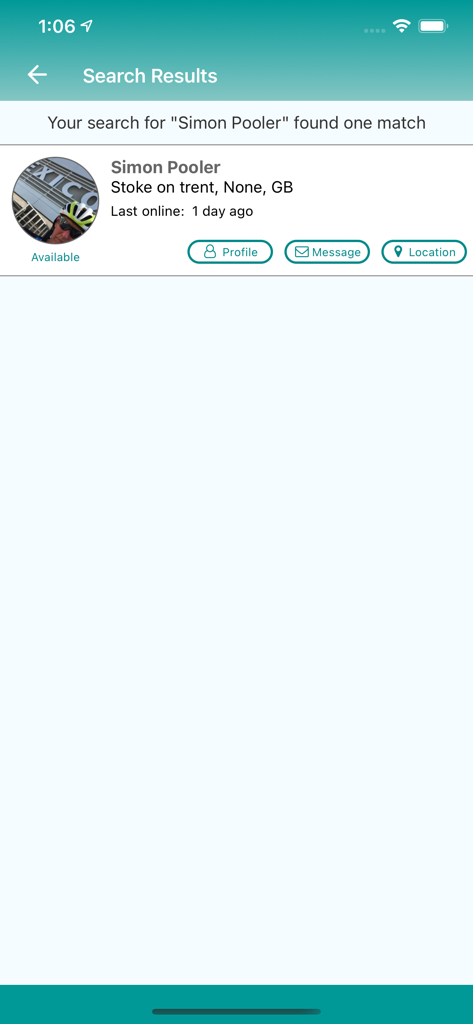 Warmshowers App - Search results in the Warmshowers app showing a cycling host profile with options to view profile message or see location