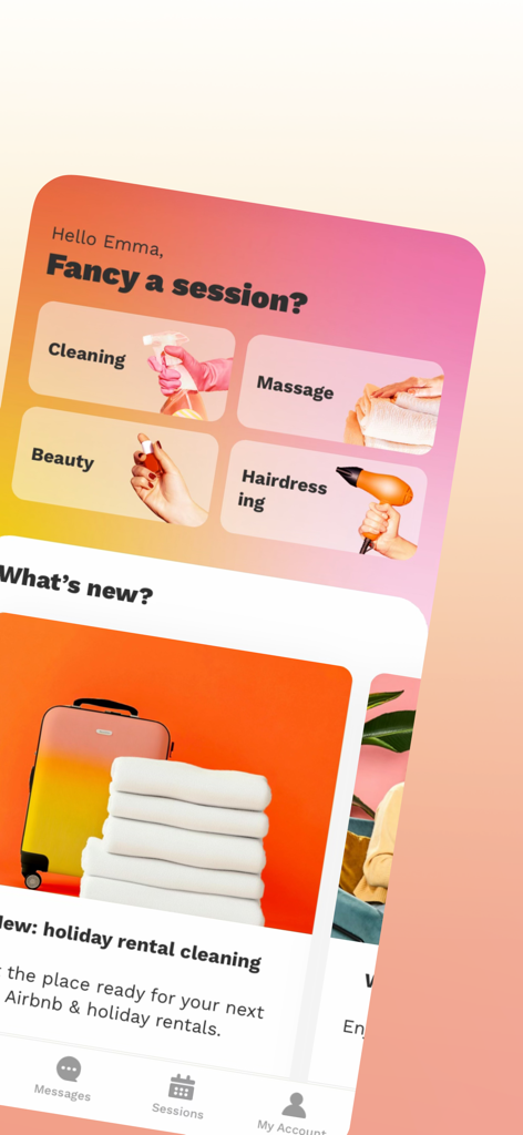 Wecasa mobile app interface showing options to book cleaning massage beauty and hairdressing services