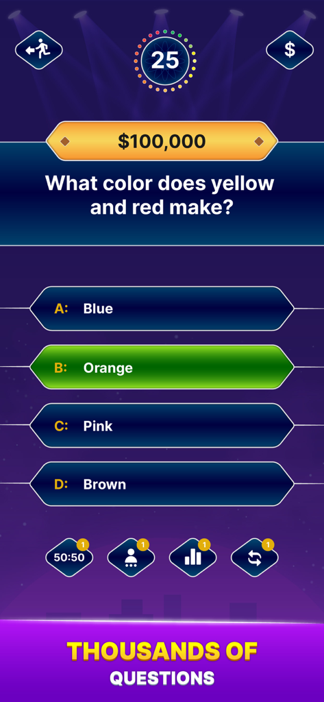 Millionaire Quiz: Trivia Games - Millionaire Quiz gameplay showing a multiple choice trivia question about colors with lifelines and a one hundred thousand dollar prize