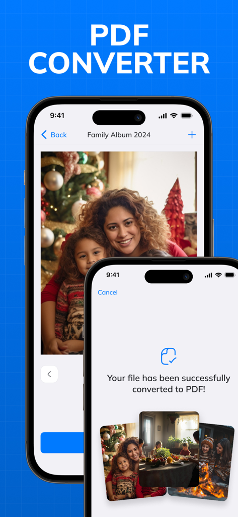 JPEG & Image To PDF Converter - Interface of a PDF converter app showing a successful conversion of family photos on an iPhone.