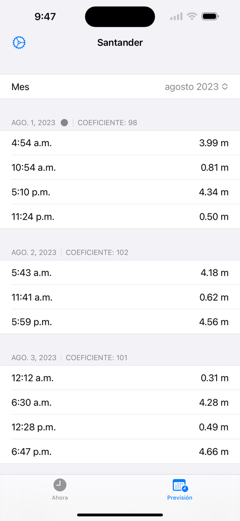 Mareas - Tide forecast and coefficients for Santander port in the Mareas app