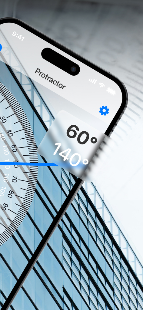 Digital protractor app measuring structural angles on a glass building facade