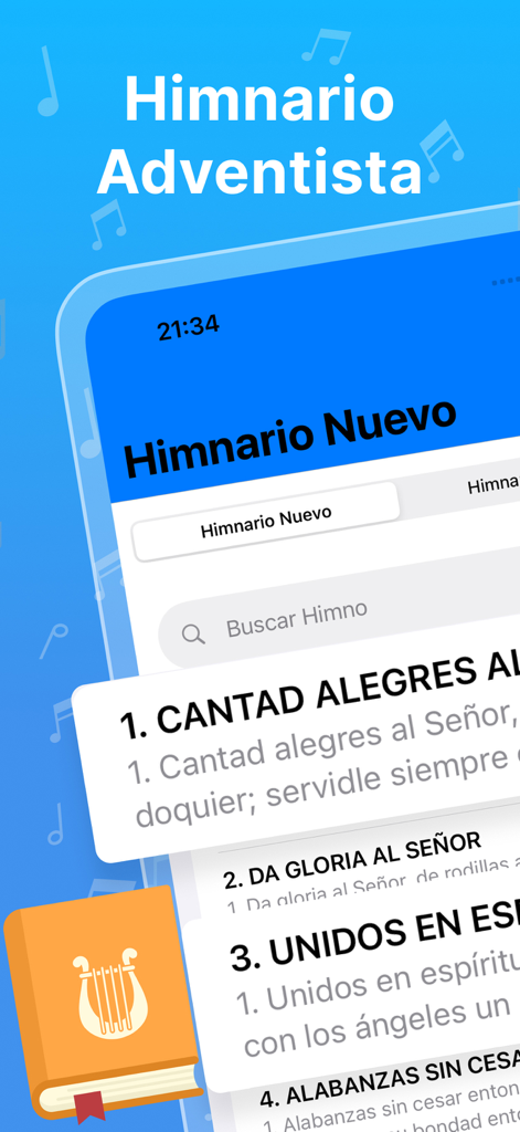 Himnario Nuevo Y Antiguo - Interface of the Himnario Adventista app showing a list of Spanish religious hymns with a search bar and book icon.