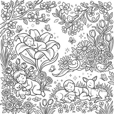 Welcome to a world of peaceful slumber and vibrant spring beauty with this enchanting coloring page. Immerse yourself in a scene where adorable babies dream surrounded by blooming flowers and gentle spring animals.