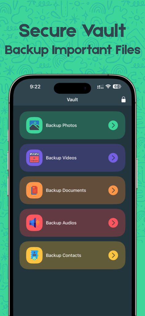 Secure vault screen showing backup options for photos videos and documents in the Photo Recovery app