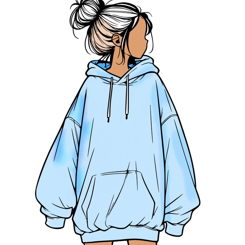 realistic girl with a oversized sweatshirt on and a bun