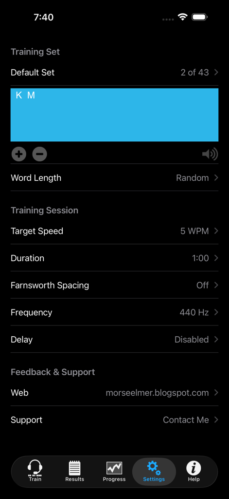 Morse Elmerアプリの設定画面。目標速度やFarnsworth間隔を含むトレーニング構成オプションが表示されています。