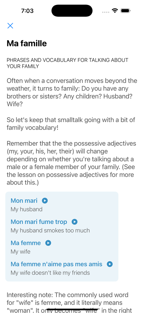 Écran de leçon de l'application montrant le vocabulaire de la famille française et les adjectifs possessifs avec des traductions anglaises.