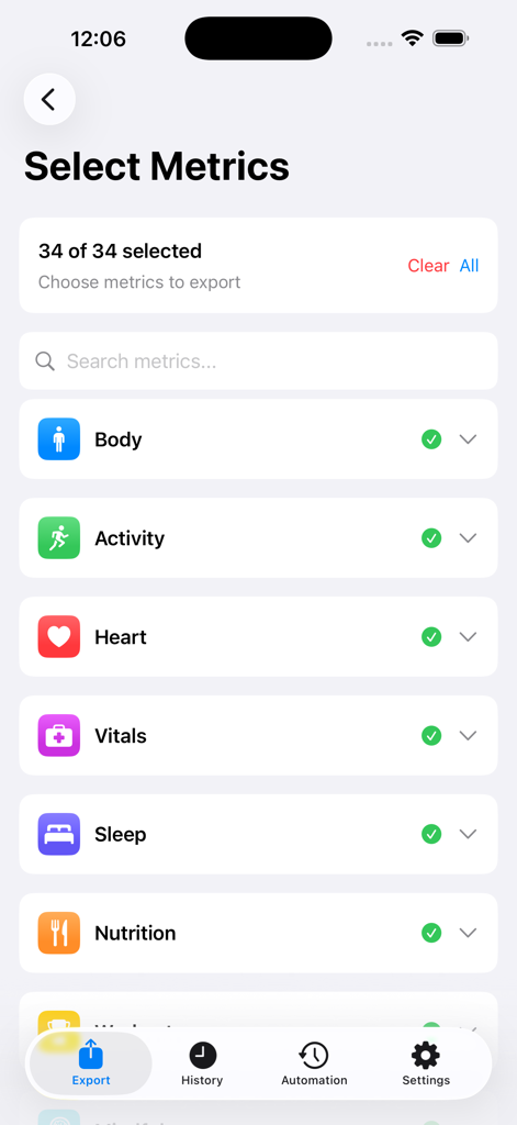 Health Data Export - Selection screen in the Health Data Export app showing categories like Body Activity and Heart rate with all metrics selected for export.