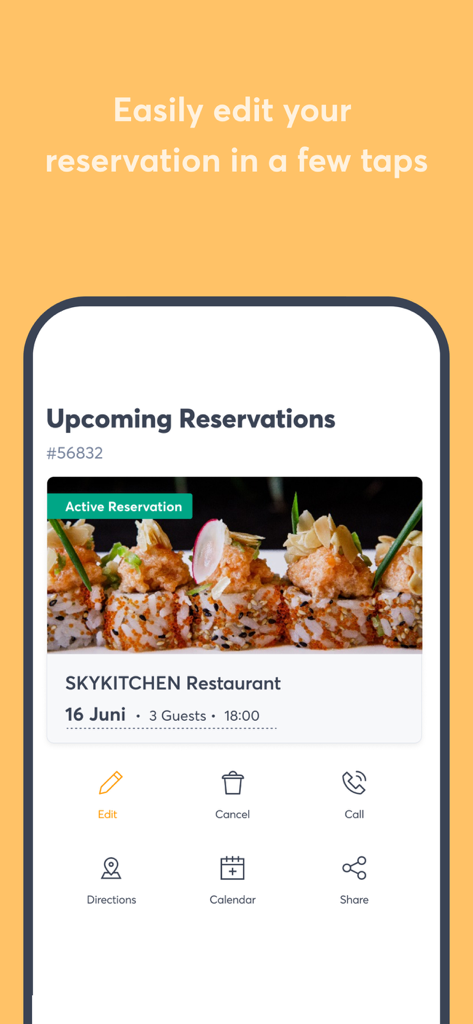 Upcoming restaurant reservation screen in the Quandoo app with options to edit or cancel
