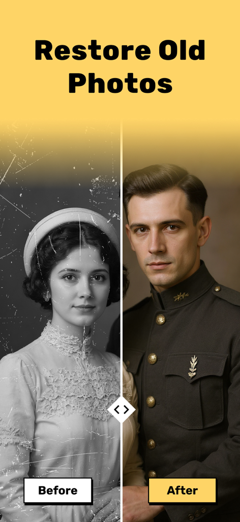 Restore Old Photos - Restora - Ein Vorher-Nachher-Vergleich eines zerkratzten Schwarz-Weiß-Fotos, das zu einem klaren Farbbild restauriert wurde