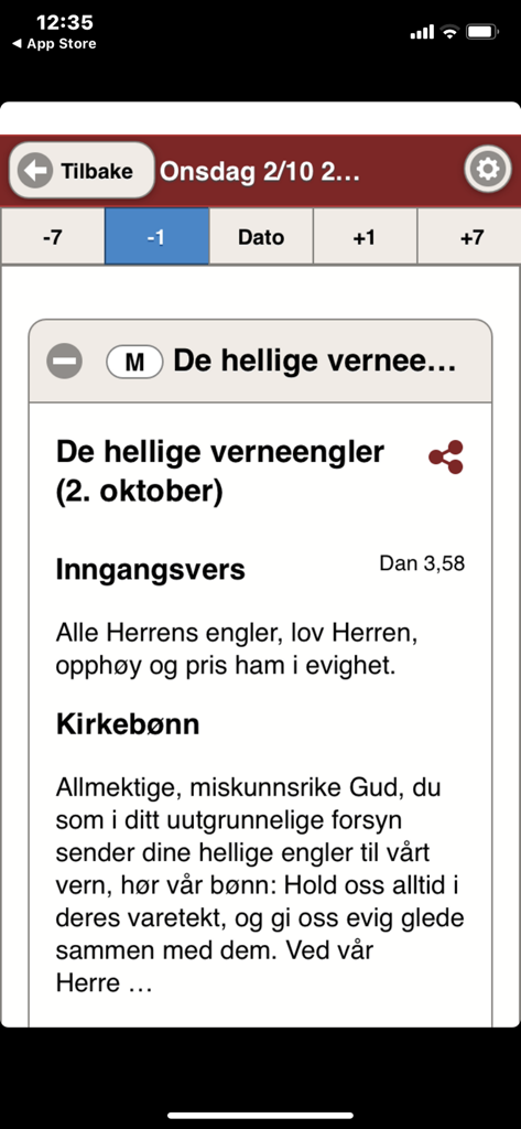 Interfaccia dell'app Katolsk che mostra le letture della messa quotidiana e le preghiere in norvegese.