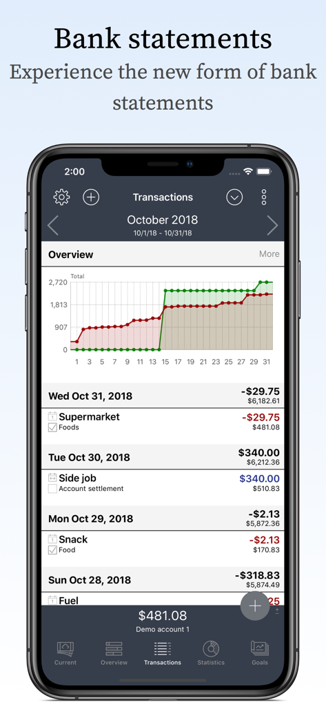 My Budget Book Pro Edition - A detailed transaction history and financial progress chart displayed within the My Budget Book Pro Edition mobile app interface.