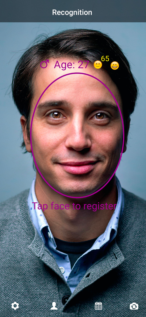 SAFR Recognition app displaying real-time facial analytics for age and sentiment on a person's face.