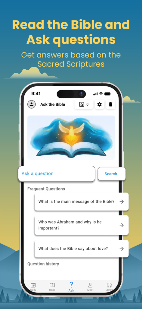 Interface of the Faith Daily Growth app showing the Ask the Bible feature with sample theological questions