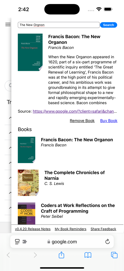 BookFinder: Smart Reading List - iPhone screenshot of the BookFinder Safari extension showing a curated reading list and search results for a book titled The New Organon.