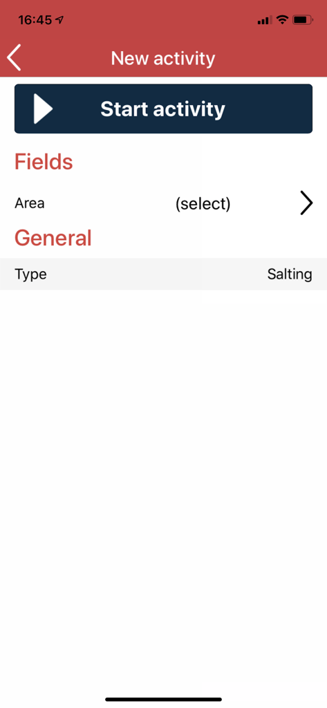 New activity screen in the Call and Report app featuring a Start activity button and salting task type.