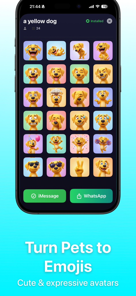 AI Emojis: New X Moji Creator - Tela do smartphone mostrando um pacote de adesivos personalizado de emojis de cachorro amarelo gerados por IA com diferentes expressões faciais.