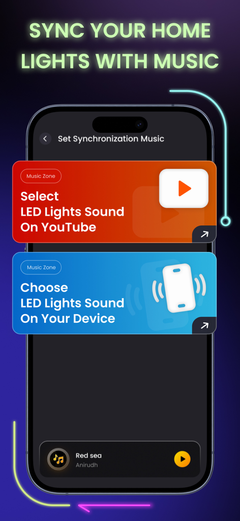 LED Light Controller Smart LED - Interface showing music synchronization options for LED lights through YouTube or device audio