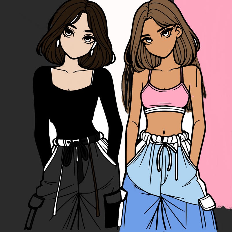 two girls with crop top with baggy pants