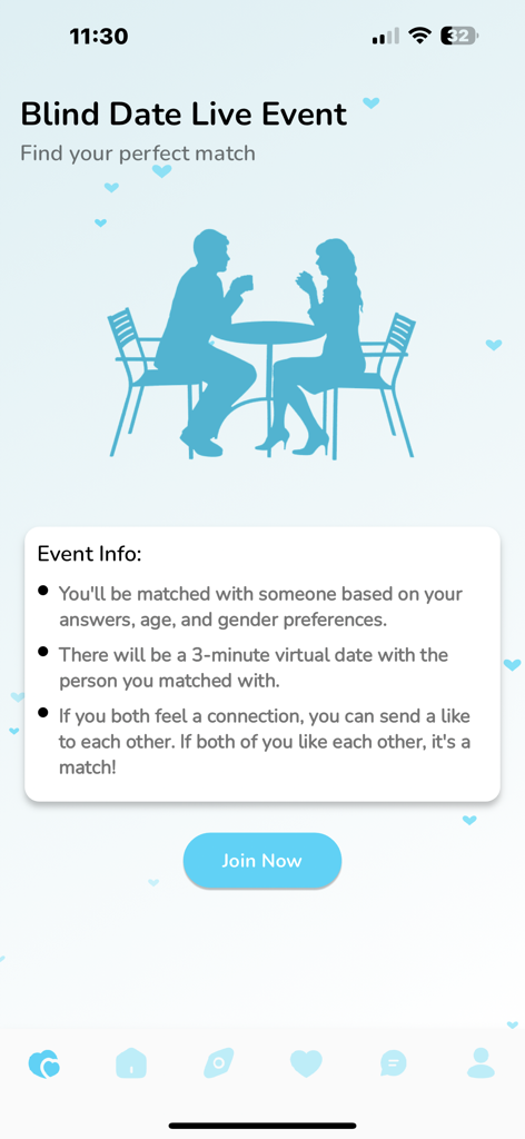 Burmese Cupid - Screen showing the Blind Date Live Event feature in the Burmese Cupid dating app with instructions for virtual dates.