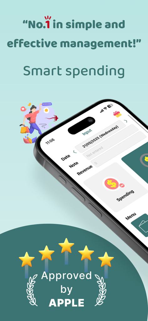 Simpler Budget App-Oberfläche für intelligentes Ausgabenmanagement auf dem iPhone mit fünf Sternen und Apple-Zulassungswappen