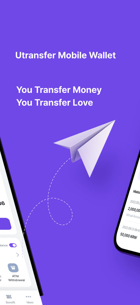 Utransfer-Korea Remittance App - Tela inicial do aplicativo Utransfer Mobile Wallet com um gráfico de avião de papel e slogan de transferência de dinheiro.