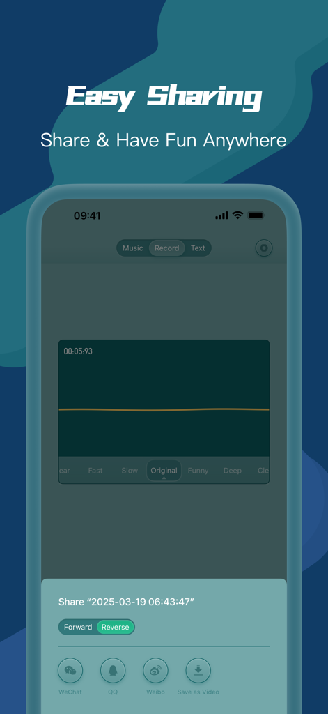 Reverse Audio Challenge - Mobile app interface of Reverse Audio Challenge showing easy sharing options to social media and save as video feature