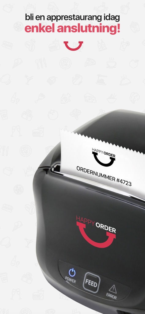 A thermal printer printing a receipt with the Happy Order logo and an order number.