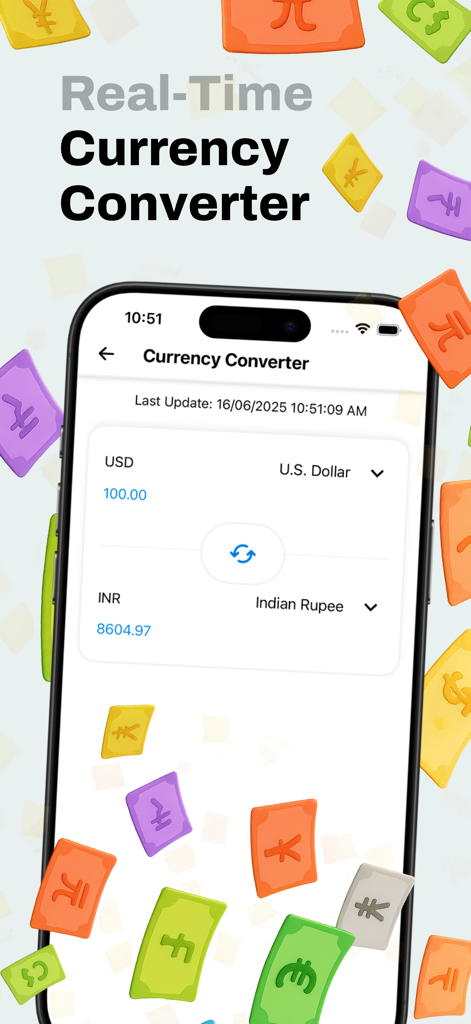 Pantalla del convertidor de divisas en tiempo real que muestra la conversión de USD a INR