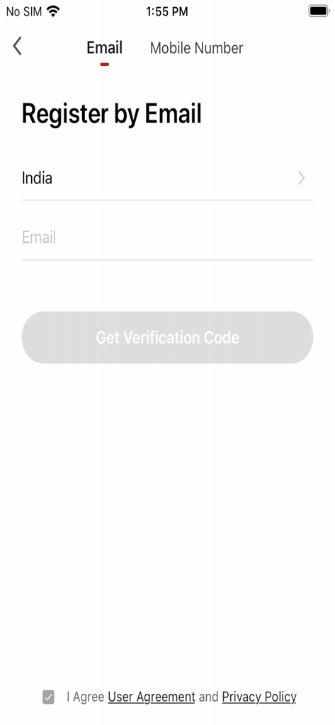 Havells DigiTap - Pantalla de registro de correo electrónico para la aplicación de hogar inteligente Havells DigiTap