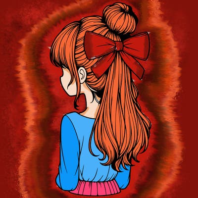 realistic girl  with hip length hair a bun and a big bow on the back of head